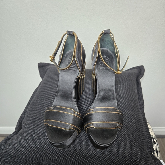 Tory Burch Black and Gold Wedges - Picture 2 of 5